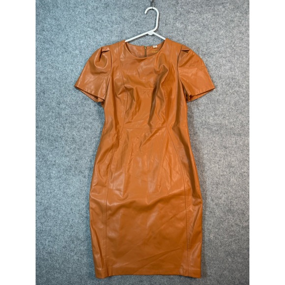 Calvin Klein Dresses & Skirts - Calvin Klein Faux Leather Puff Sleeve Sheath Dress Cognac Orange Womens 6